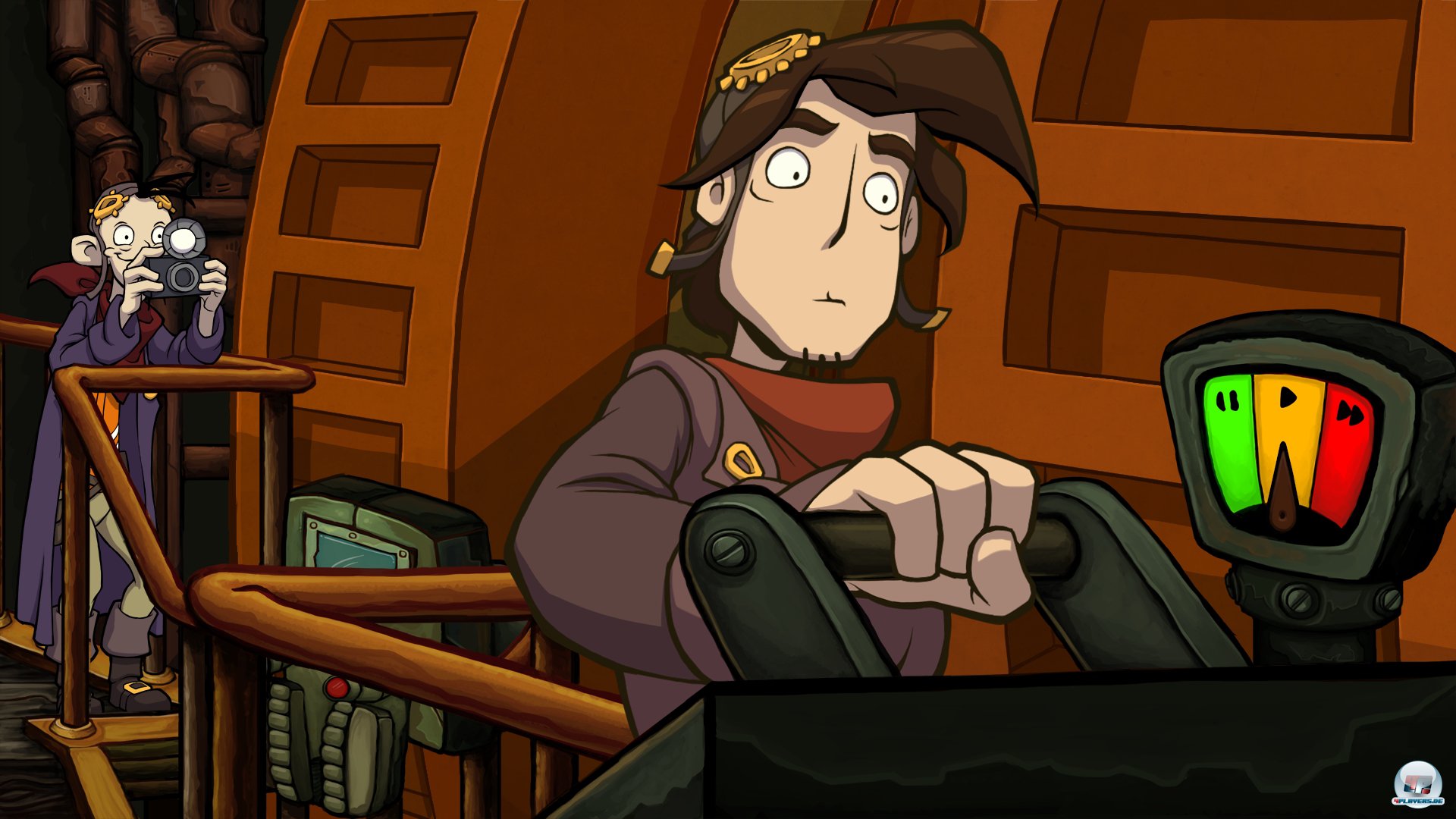 Der Deponia-Nerd ist eine willkommene Gelegenheit für Rufus, um sich in Szene zu setzen - selbst wenn Goal dahinter am Seil rotiert.