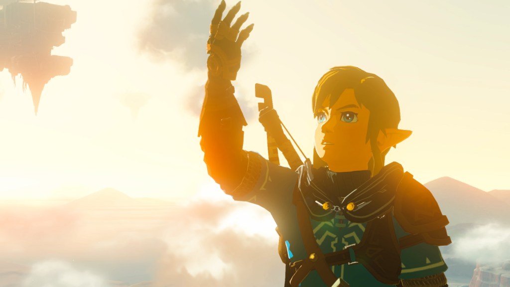 Link aus Zelda: Tears of the Kingdom, wie er seine Hand gen Himmel streckt