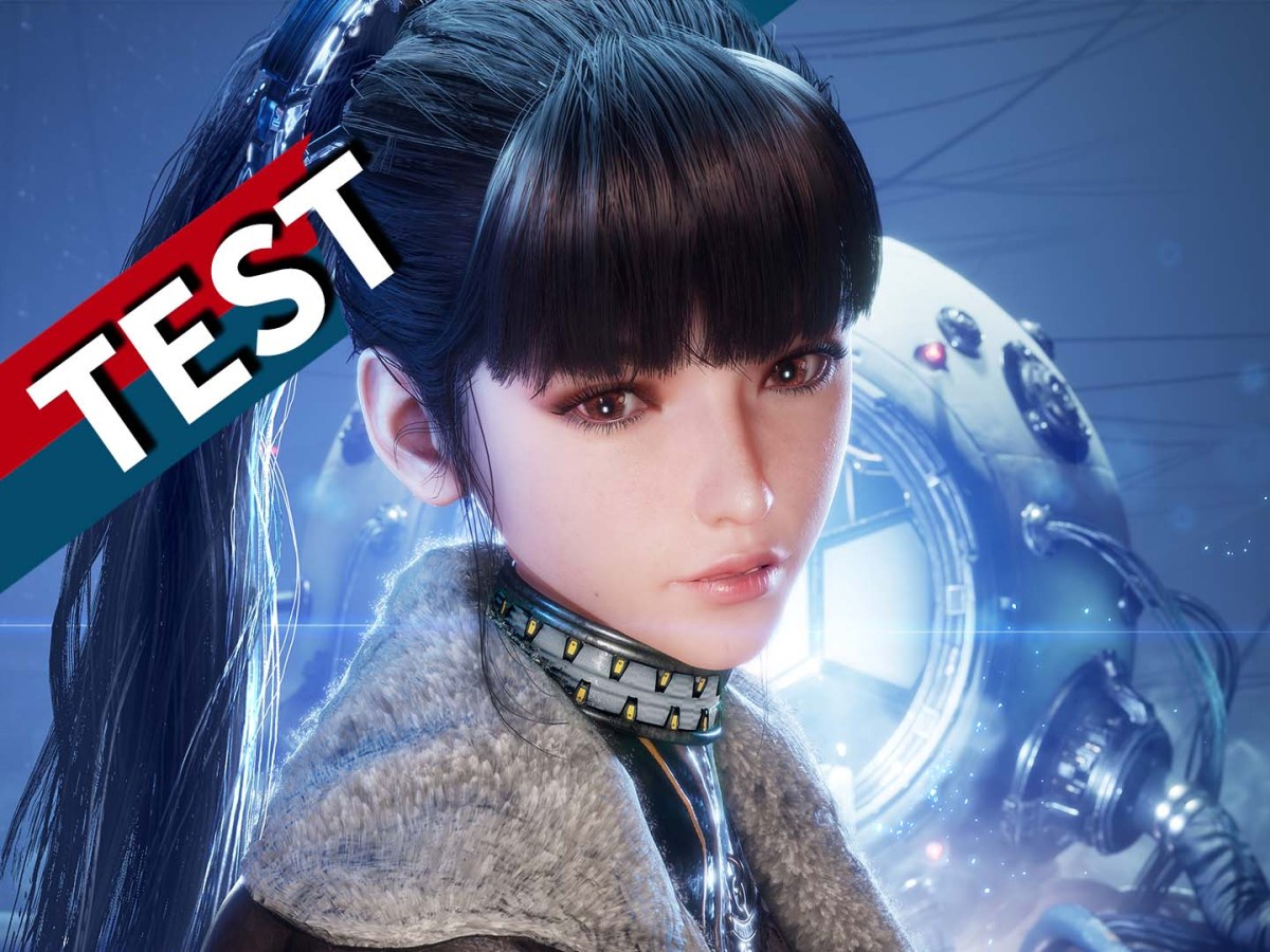 Ein Screenshot von Stellar Blade mit rot-blauem Banner.