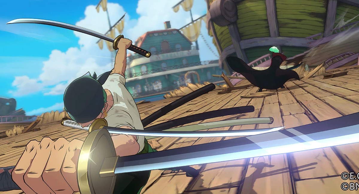 Der Kampf von Zorro gegen Falkenauge in One Piece: Project Fighter.