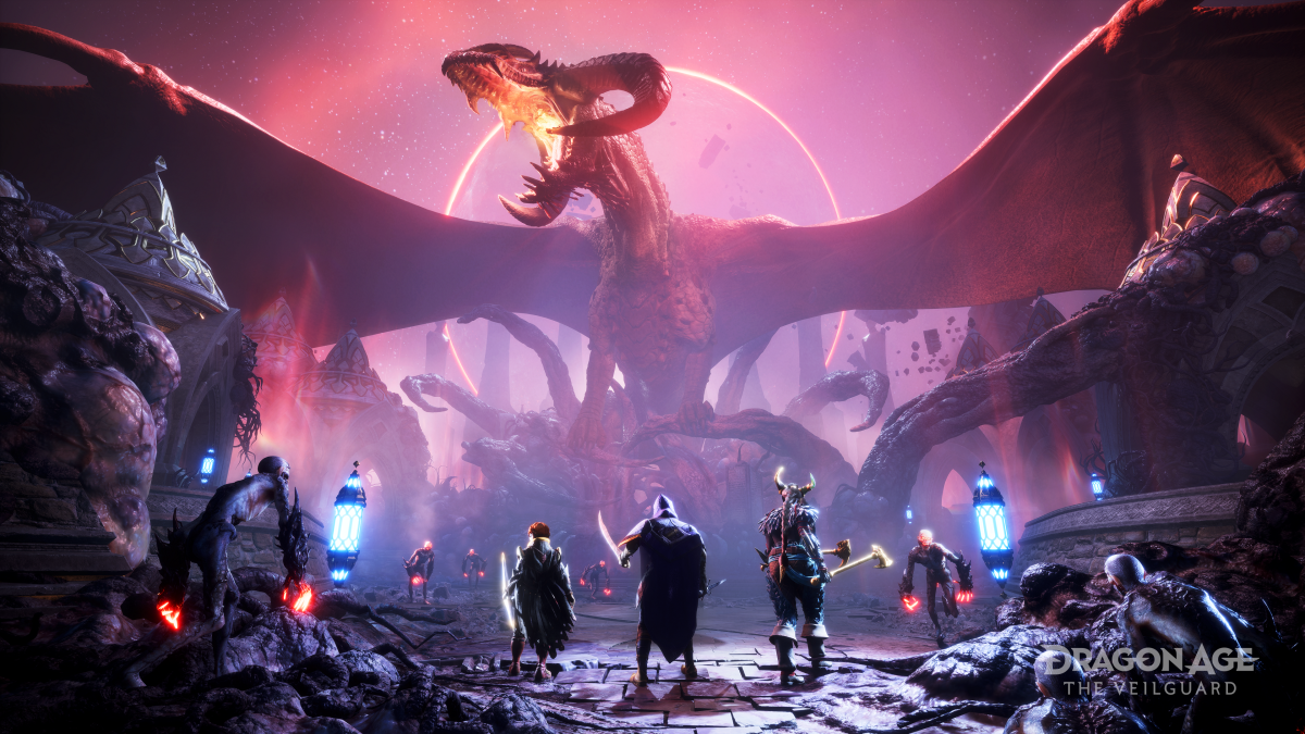 Bild zum Spiel Dragon Age: The Veilguard mit Kampftruppe und großem Drachen