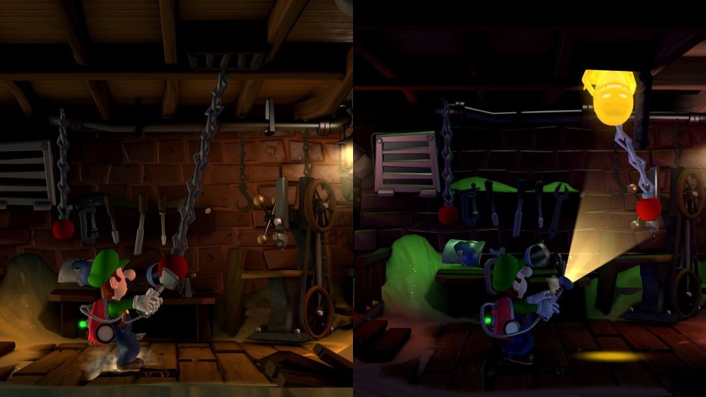 Screenshot zu Luigi's Mansion 2 HD: Luigi zieht an einer Kette, die an der Decke befestigt ist und befreit dadurch einen goldenen Geist