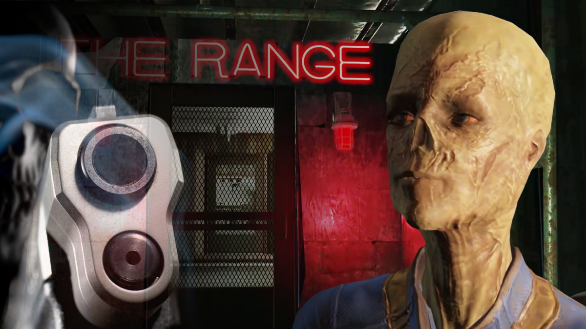 Im Bildvordergrund: Der Ghul Valery Barstow aus Fallout 4 Vault-Tec Workshop. Im Bildhintergrund: Ein von einem Fan selbst gebauter Schießstand innerhalb des Rollenspiels.