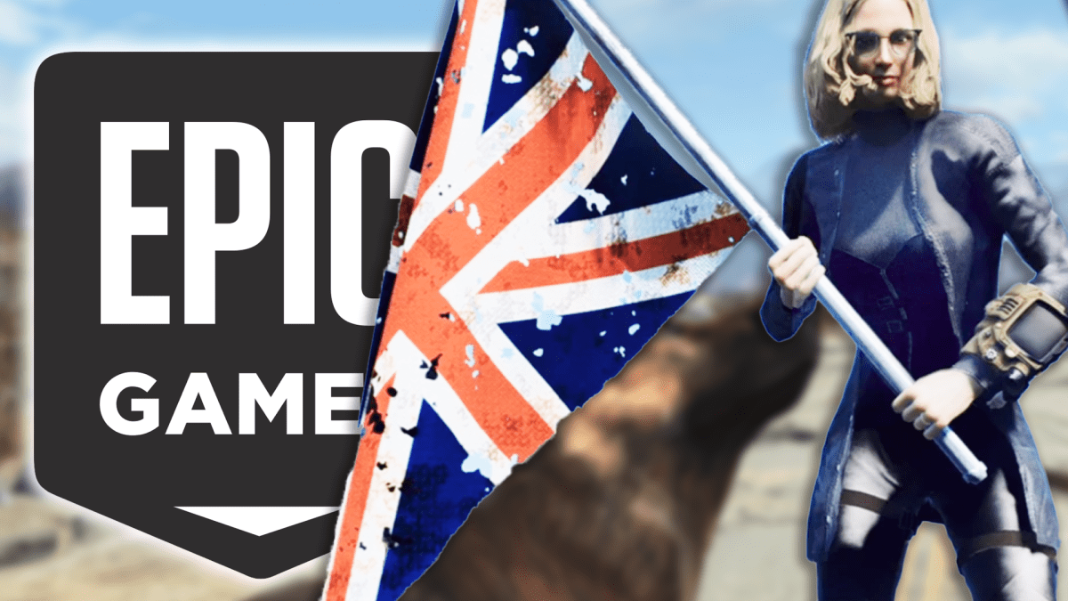 Eine Vault-Bewohnerin mit Union-Jack-Flagge in den Händen. Daneben: Das Logo von Epic Games.