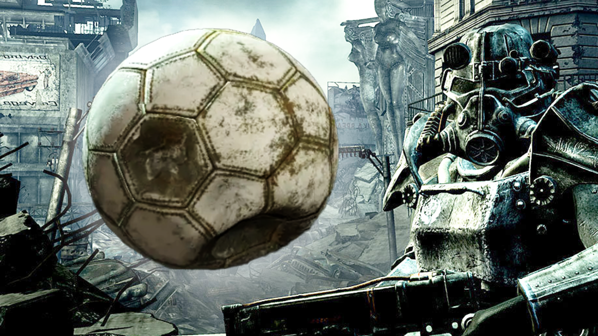 Ein Fußball neben einem Mitglied der Stählernen Bruderschaft aus den Fallout-Spielen, gekleidet im Power-Anzug.