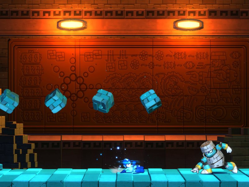 Mega Man im Kampf gegen Block Man in Mega Man 11.