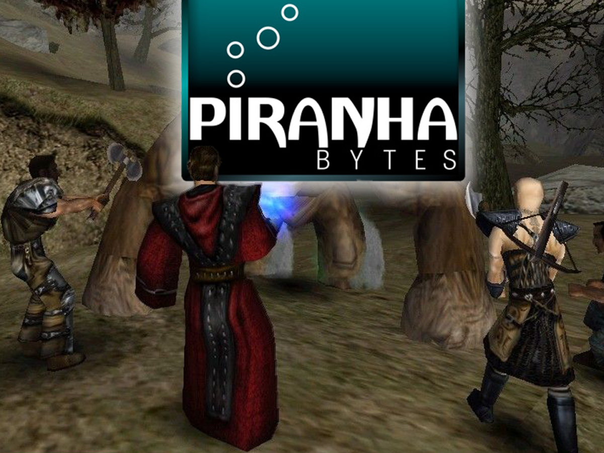 Die Freunde Gorn, Lester, Milton und Diego verbeugen sich ein letztes Mal vor dem Piranha Bytes-Logo.