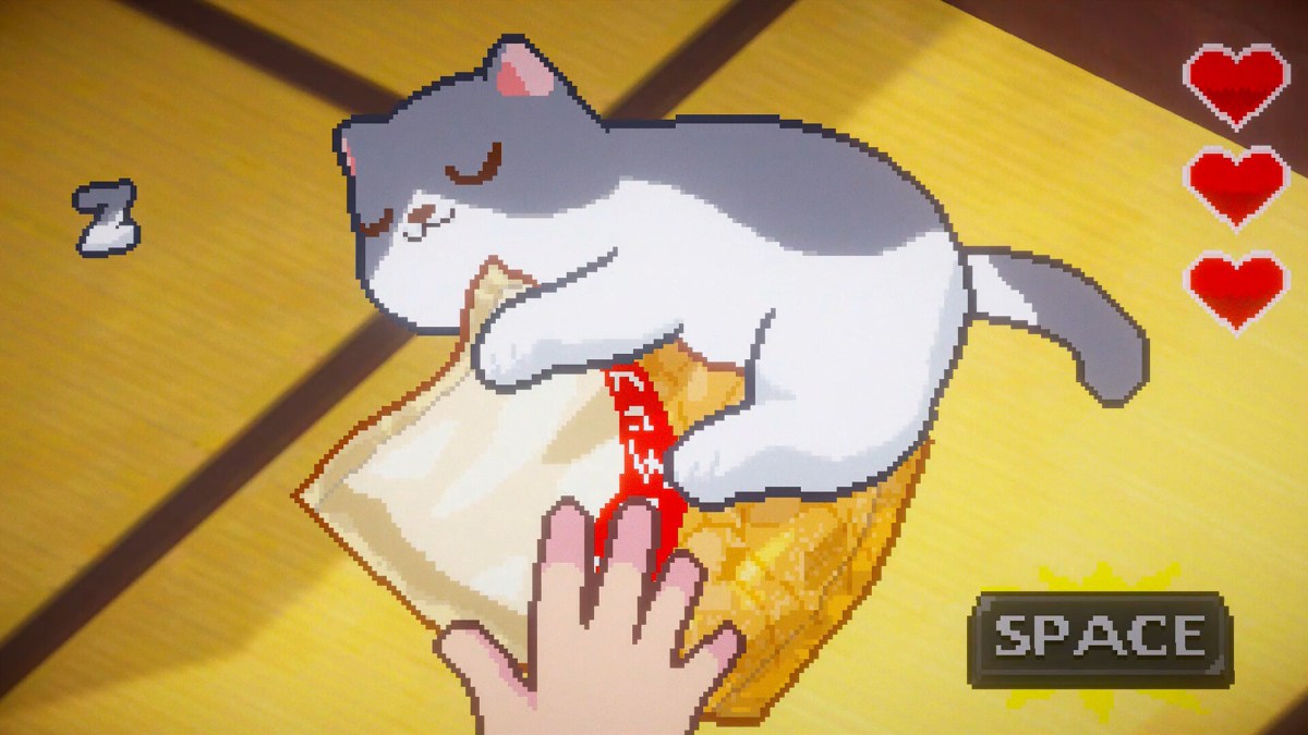 Screenshot aus dem Spiel Neko Odyssey mit einer Katze, die eine Tüte kuschelt