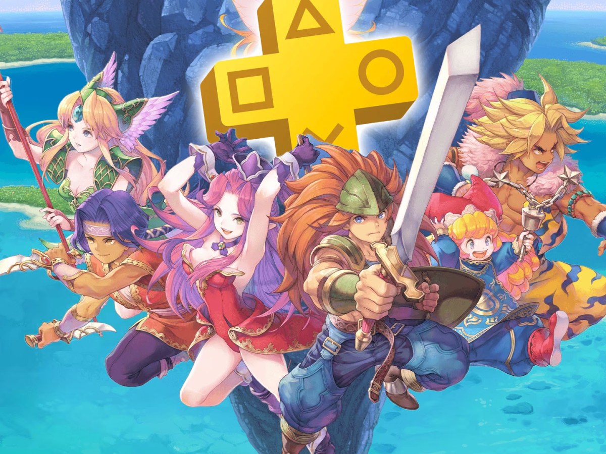 Screenshot von Trials of Mana, bei dem die Protagonist*innen des JRPGs zu sehen sind. Kombiniert mit dem Logo von PlayStation Plus.