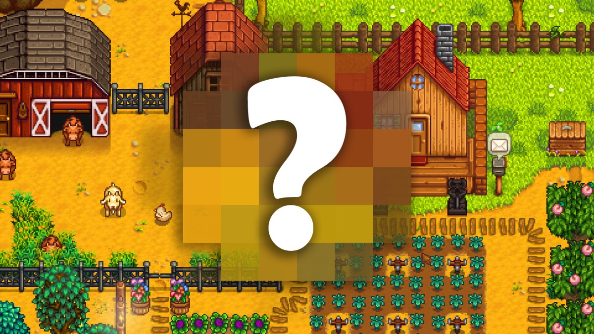 Ein Screenshot aus dem Spiel Stardew Valley mit einem Pixel-Effekt und einem Fragezeichen belegt.