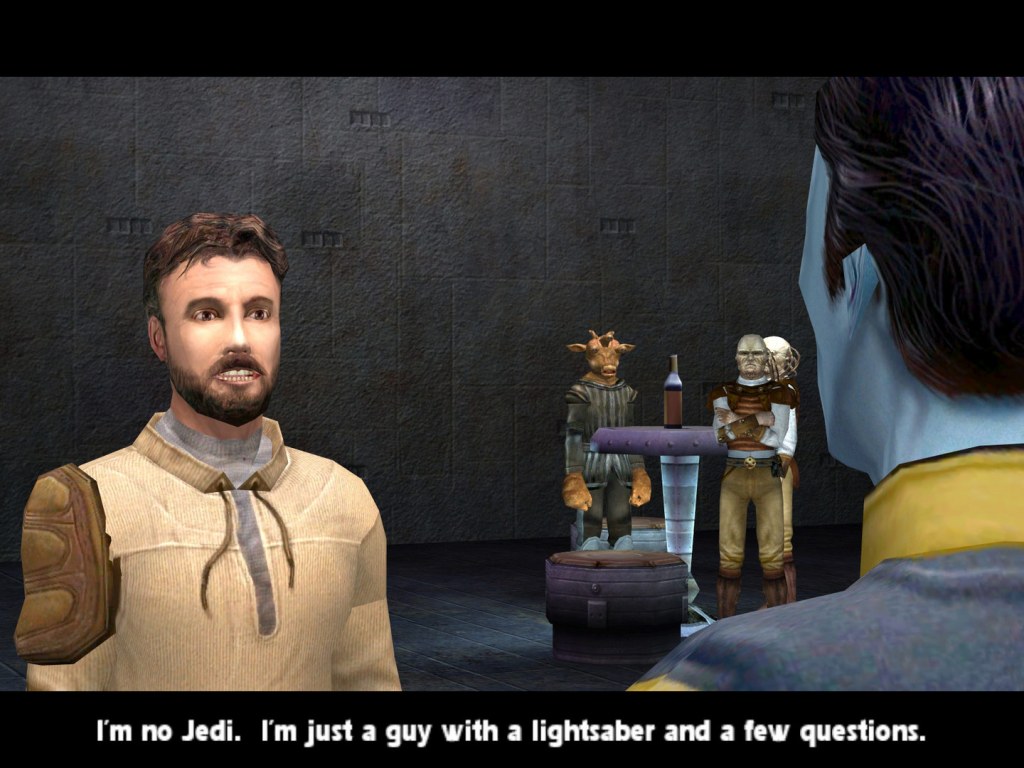 Dialog-Szene aus Star Wars: Jedi Knight 2 Jedi Outcast. Zu sehen ist Protagonist Kyle Katarn.