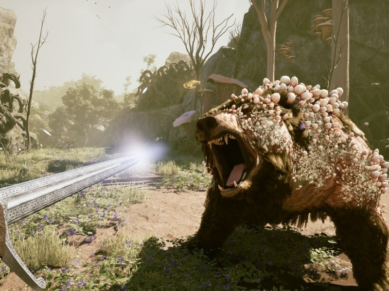 Ein Szenenbild aus dem Rollenspiel Avowed von Obsidian Entertainment, in dem der Spieler gegen einen verseuchten Bären antritt.