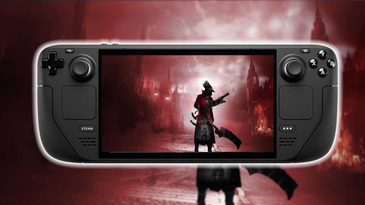 Ein Steam Deck und das Cover von Bloodborne.