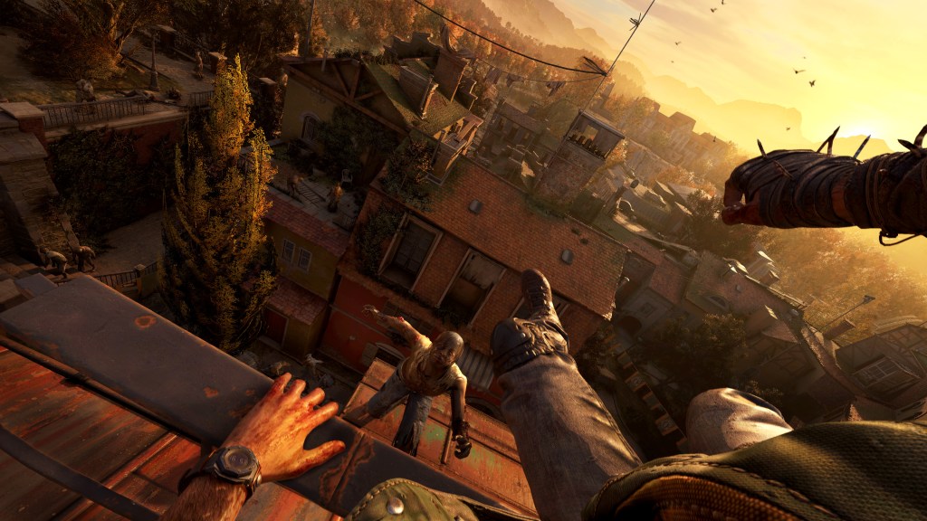 Screenshot aus Dying Light: The Beast. Zu sehen ist eine Parkour-Einlage auf einem Dach.