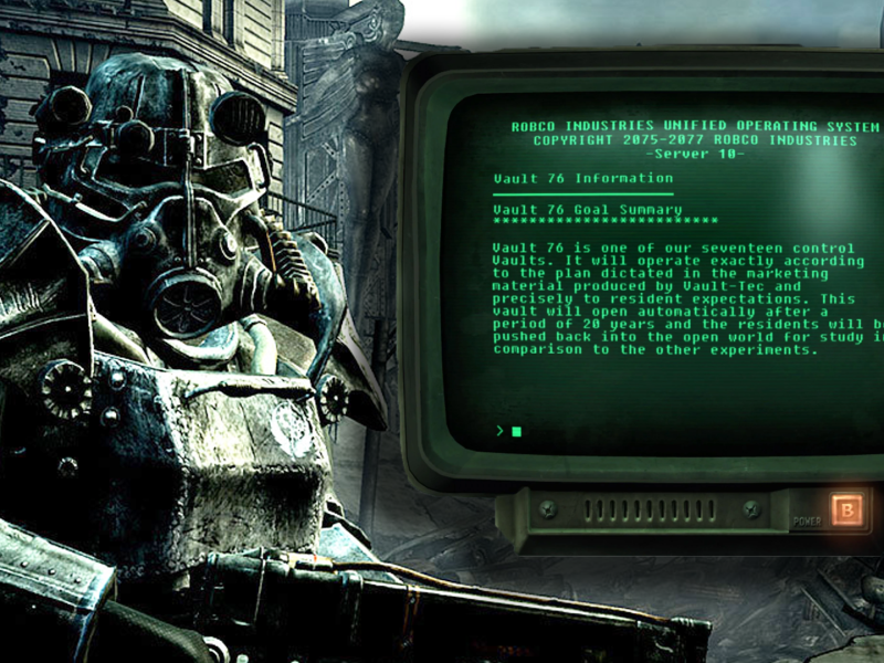 Im Bild: Ein Computer-Screen innerhalb des Videospiels Fallout 3, der Informationen zu Vault 76 zeigt.