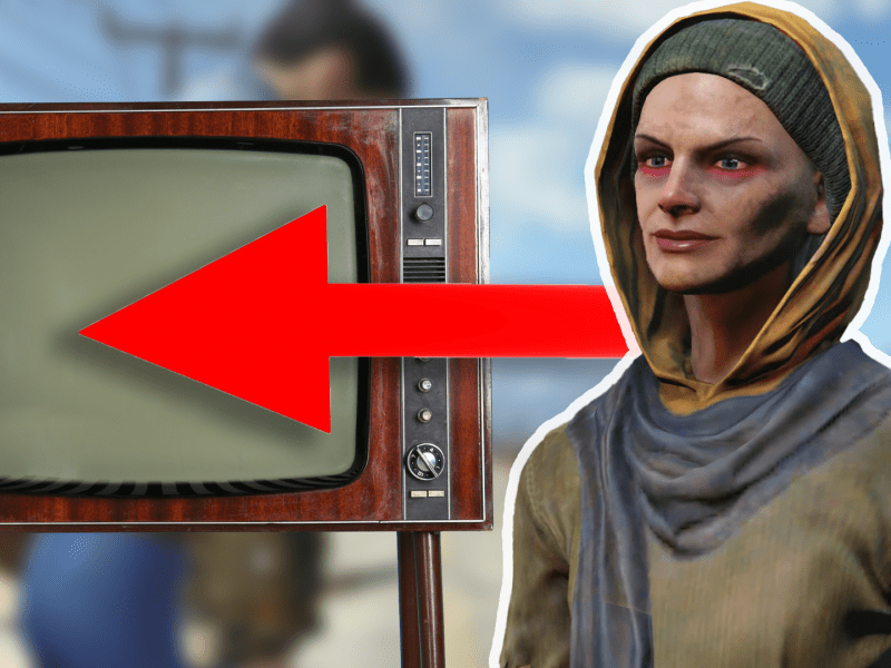 Der NPC Cricket aus dem Rollenspiel Fallout 4. Ein dicker, roter Pfeil zeigt von Cricket ausgehend auf ein altmodisches Röhren-TV-Gerät.