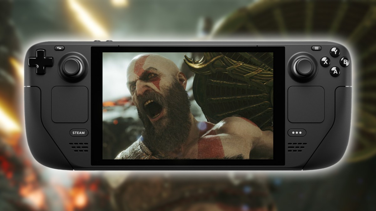 Screenshot zu God of War Ragnarök mit Kratos und ein Steam Deck