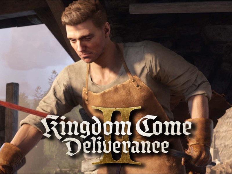 Heinrich aus Kingdom Come: Deliverance 2 bei der Schmiedearbeit mit dem Logo des Spiels