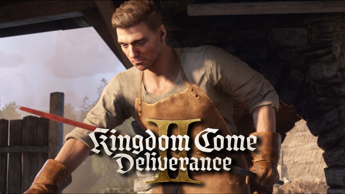 Heinrich aus Kingdom Come: Deliverance 2 bei der Schmiedearbeit mit dem Logo des Spiels