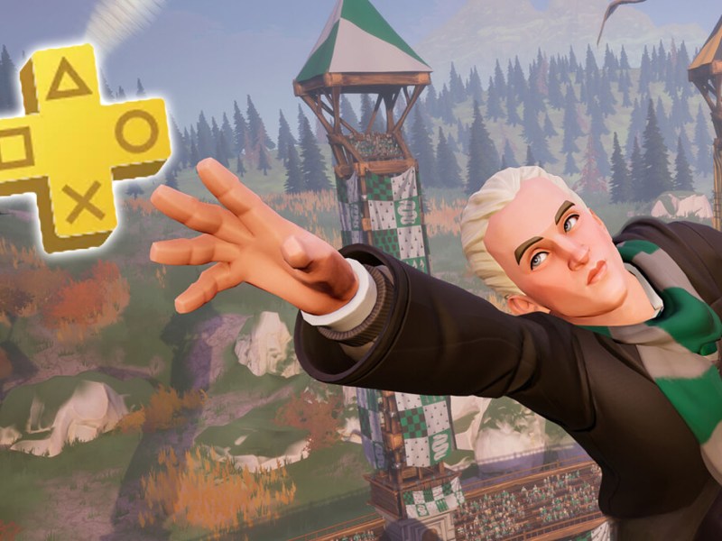 Screenshot-Montage aus Quidditch Champions. Draco Malfoy greift nach dem Logo von PS Plus.