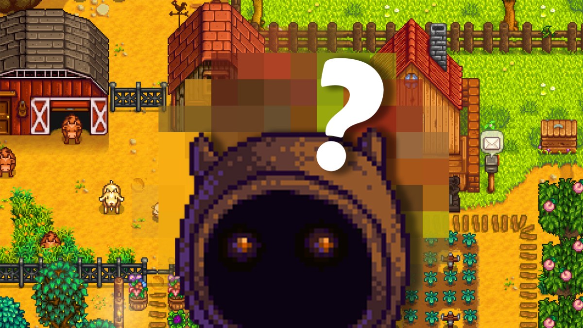 Zwerg aus Stardew Valley vor einem Screenshot der Farm mit einem Fragezeichen