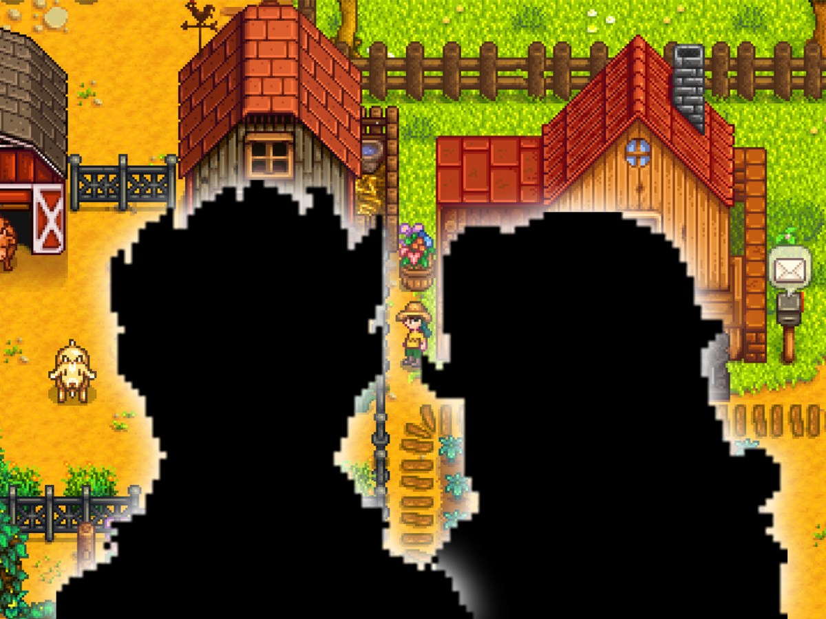 Eine Silhouette von Sam und Abigail vor einem Screenshot der Farm aus Stardew Valley