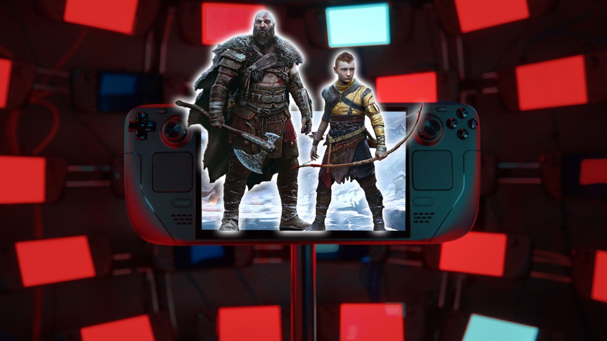Bildmontage: Auf dem Steam Deck sind Kratos und Atreus im Vordergrund zu sehen.