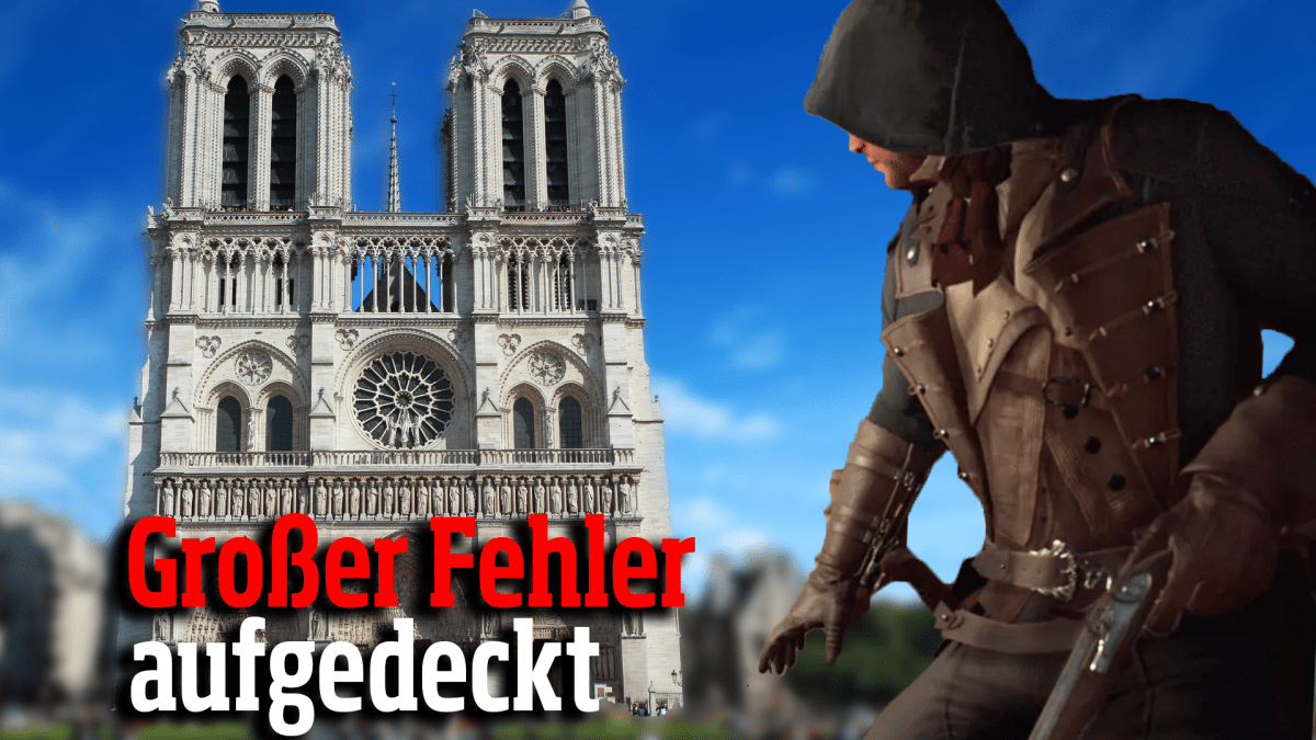 Eine Bildmontage, in deren Zentrum die Notre Dame-Kirche steht und ein Charakter aus dem Computerspiel Assassin's Creed Unity.