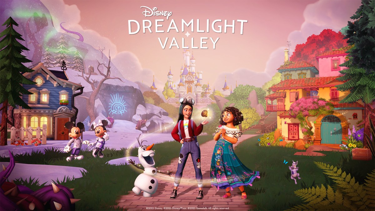 Bild zu Disney Dreamlight Valley mit Spieler*innencharakter Olaf, Mickey, Mini und Mirabel.