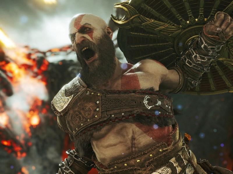 Screenshot aus God of War Ragnarök. Zu sehen ist Kratos, der gerade schreit.