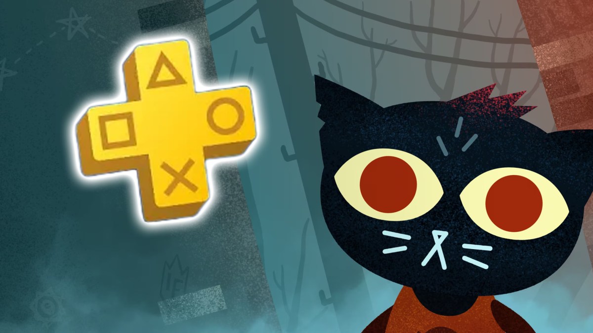 Screenshot aus Night in the Woods, kombiniert mit dem Logo von PS Plus.