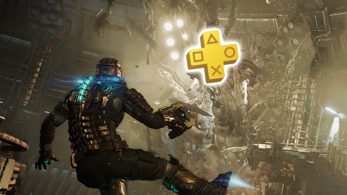 Screenshot aus dem Dead Space Remake, unterlegt mit dem Logo von PS Plus.