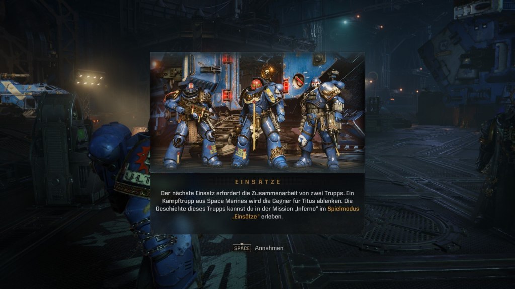 Screenshot aus Space Marine 2. Die Operations, also die PvE-Einsätze, werden erklärt.