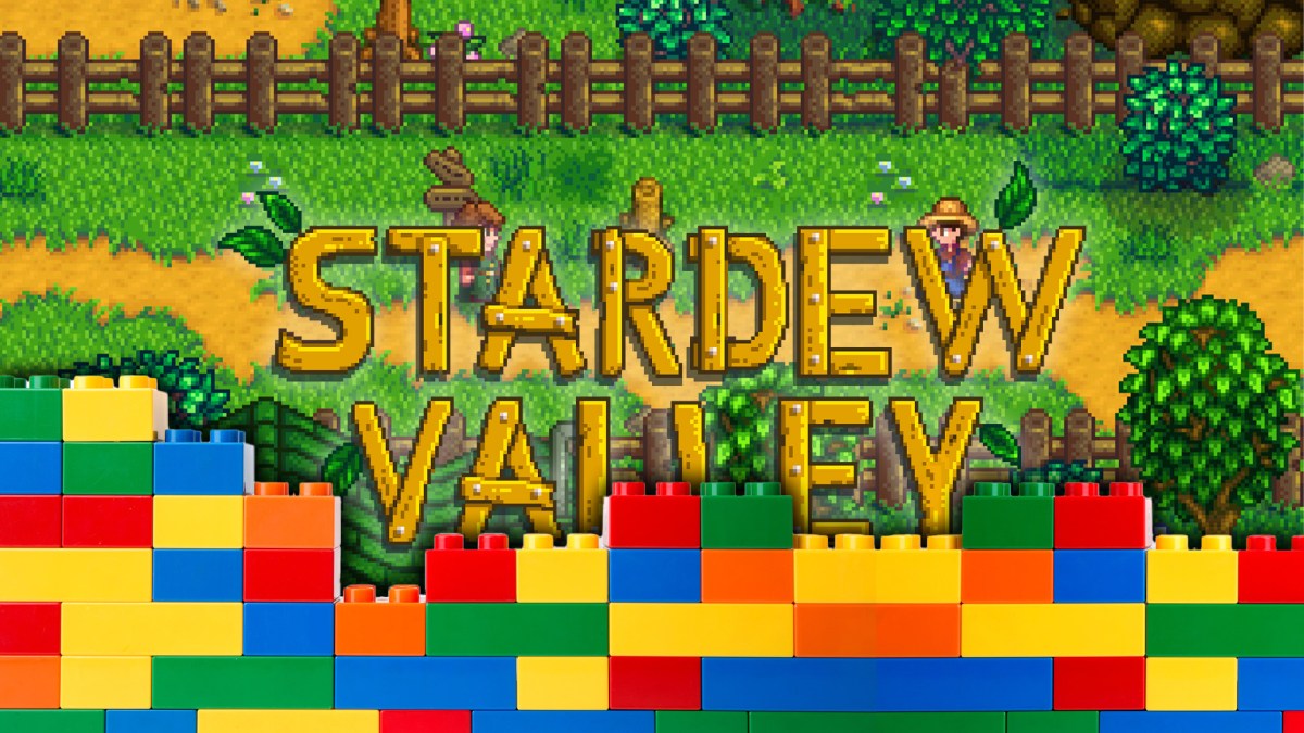 Stardew Valley Screenshot mit Logo und Mauer aus bunten LEGO-Steinen