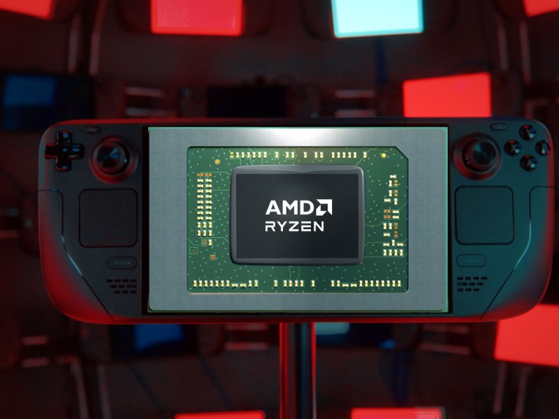 Foto vom Steam Deck OLED kombiniert mit dem Logo von AMD Ryzen.