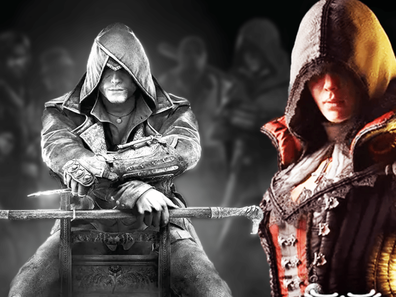 Eine Bildmontage, welche die beiden Videospielheld*innen Evie und Jacob Frye aus Assassin's Creed Syndicate zeigt.