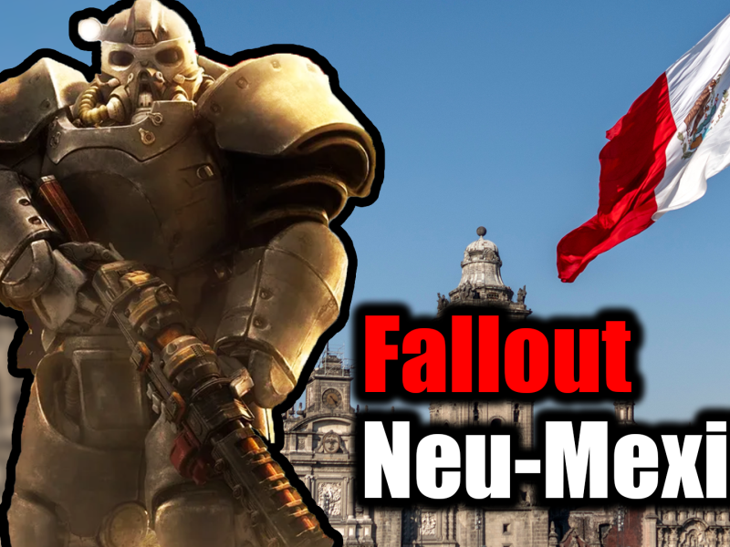 Bildmontage, in deren Zentrum ein Mitglied der Stählernen Bruderschaft aus den Fallout-Rollenspielen steht, gekleidet im Power-Anzug.