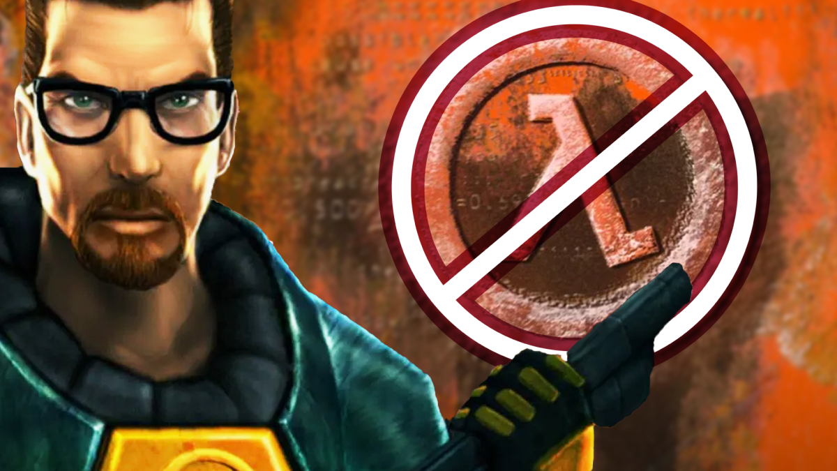 Bildmontage, in deren Fokus das durchgestrichene Lambda-Symbol und der Videospielheld Gordon Freeman aus Half-Life steht.