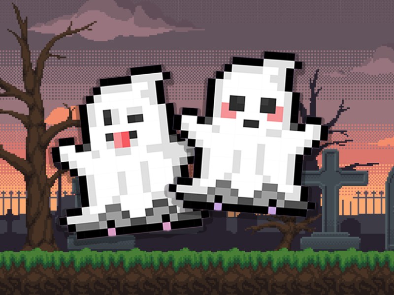 Zwei freche Pixel-Geister auf einem Friedhof