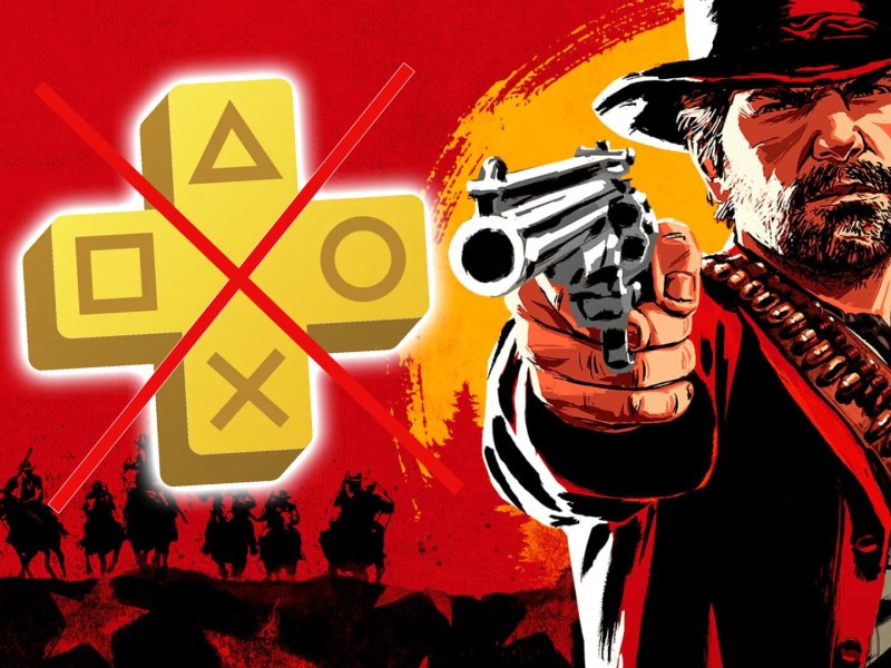 Screenshot von Red Dead Redemption 2, bei dem Arthur auf das PS Plus-Logo zielt.