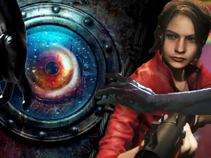 Eine Bildmontage, in deren Zentrum die weiblich gelesene Heldin Claire Redfield aus Resident Evil 2 Remake steht.