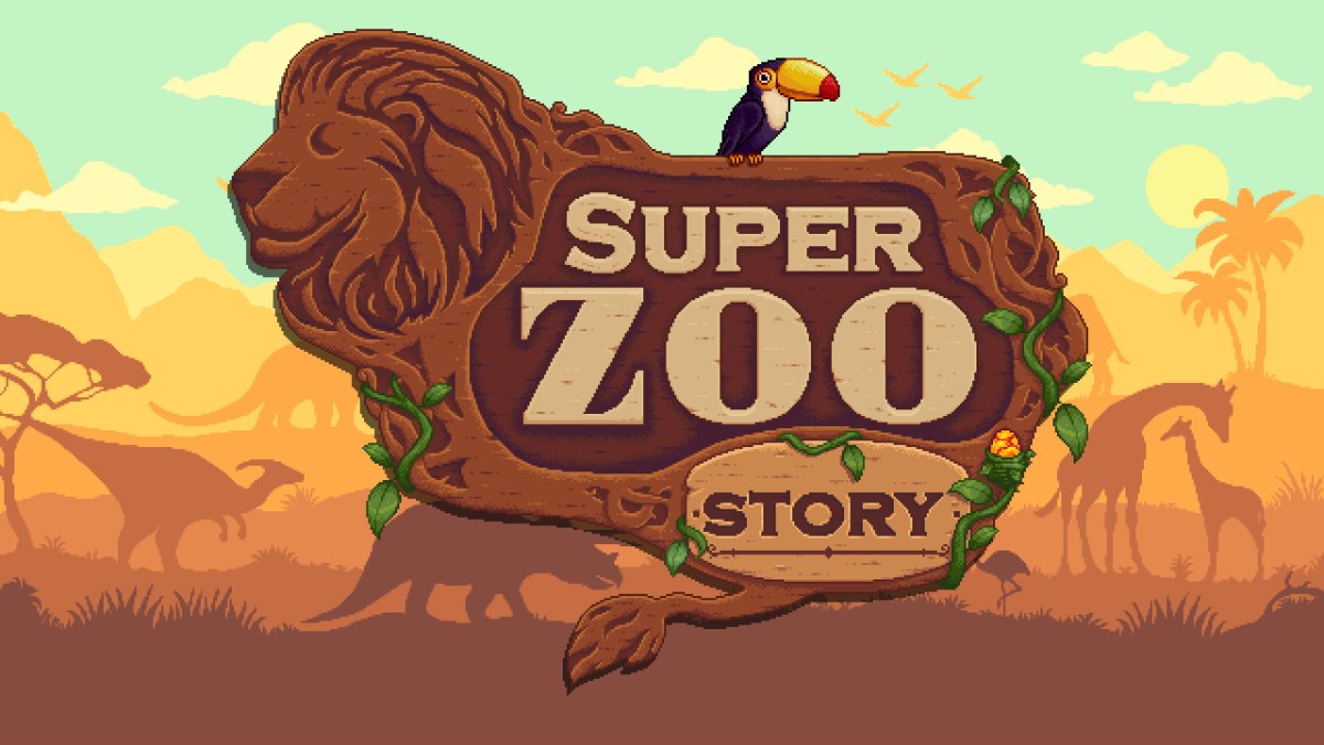 Logo des Spiels Super Zoo Story vor einem Hintergrund mit Tierschatten