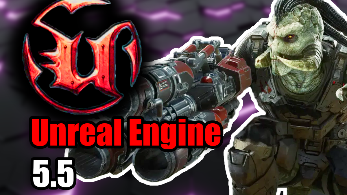 Eine Bildmontage, in deren Fokus ein Charakter aus dem Multiplayer-Shooter Unreal Tournament steht. Prominent zu sehen ist: der Schriftzug "Unreal Engine 5.5"