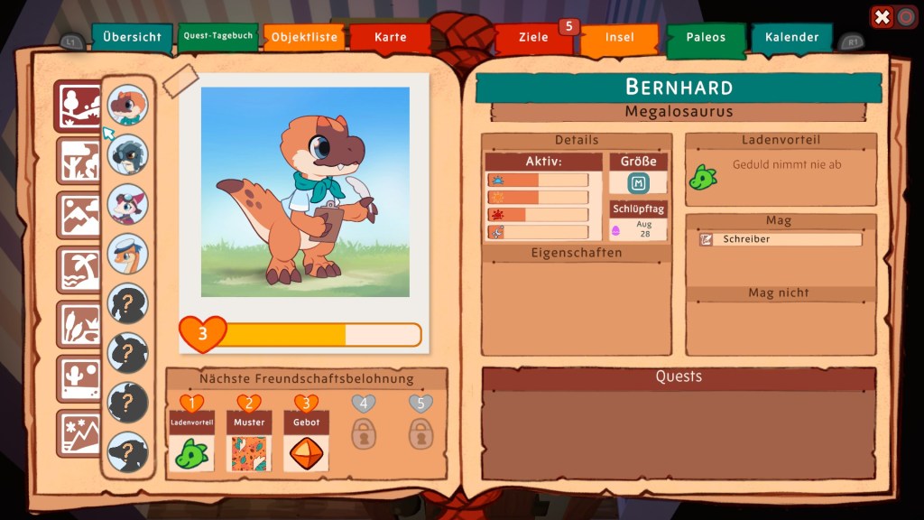 Eintrag im Journal zu Saurier Bernhard im Spiel Amber Isle