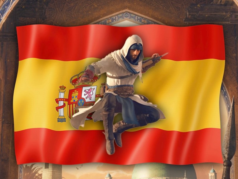 Der Attentäter Basim aus Assassin's Creed Mirage vor der spanischen Flagge.