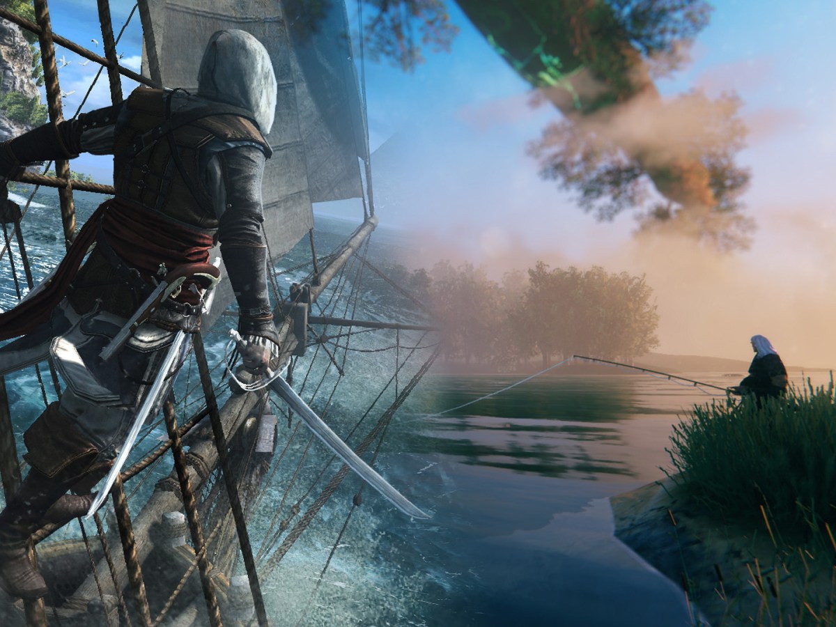 Ein Screenshot von Assassin's Creed Black Flag und ein Screenshot von Valheim mit fließendem Übergang.