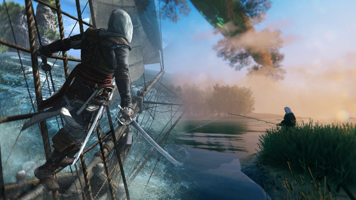 Ein Screenshot von Assassin's Creed Black Flag und ein Screenshot von Valheim mit fließendem Übergang.