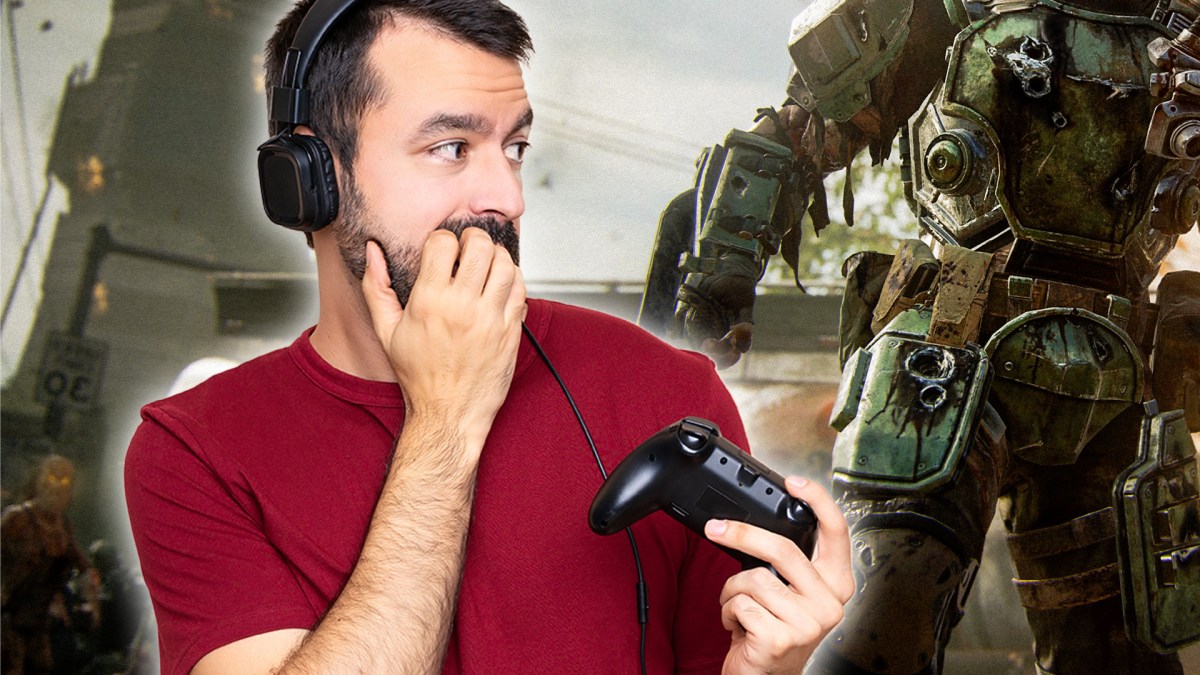 Nervöser Mann mit Controller und Headset vor Call of Duty: Black Ops 6 Screenshot