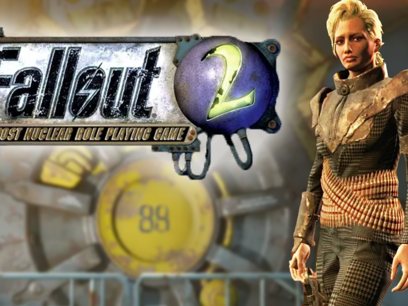 Eine Bildmontage, mit einem weiblich gelesenem Charakter aus Fallout 4 im Fokus. Daneben: Das Logo von Fallout 2.