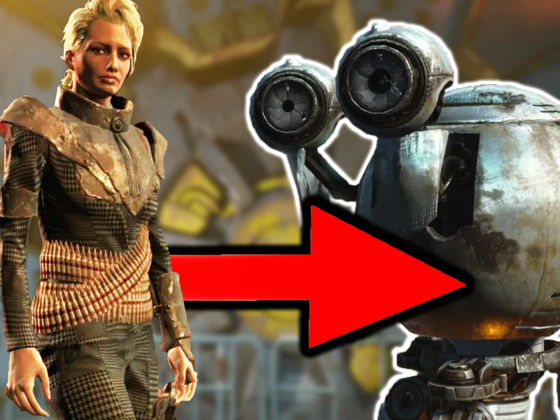 Eine Bildmontage, mit einem weiblich gelesenen Charakter aus Fallout 4 - und dem Butler-Roboter Mr. Handy.